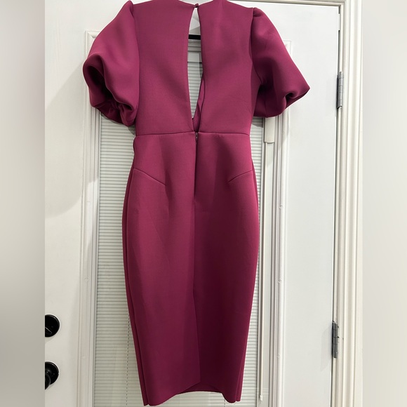 ASOS DESIGN bubble sleeve twist detail midi pencil dress in raspberry NWOT - Picture 6 of 7